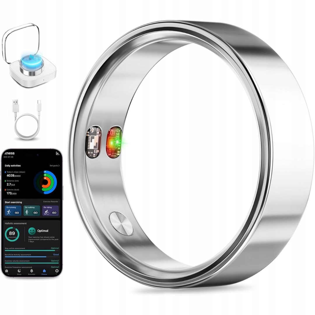 Inteligentny Pierścień Srebrny Całkowicie Metalowy Pomiar Hrv Monitorowanie Kondycji Rozmiar 9