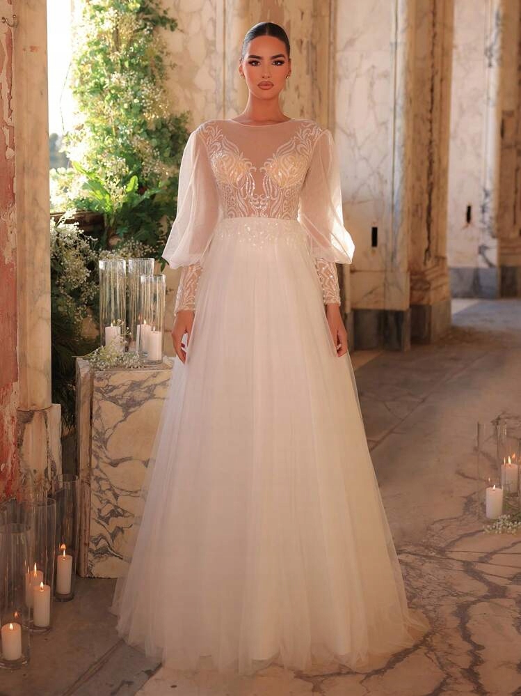 Shein Bílé Svatební Šaty S Bufiastými Rukávy (M)