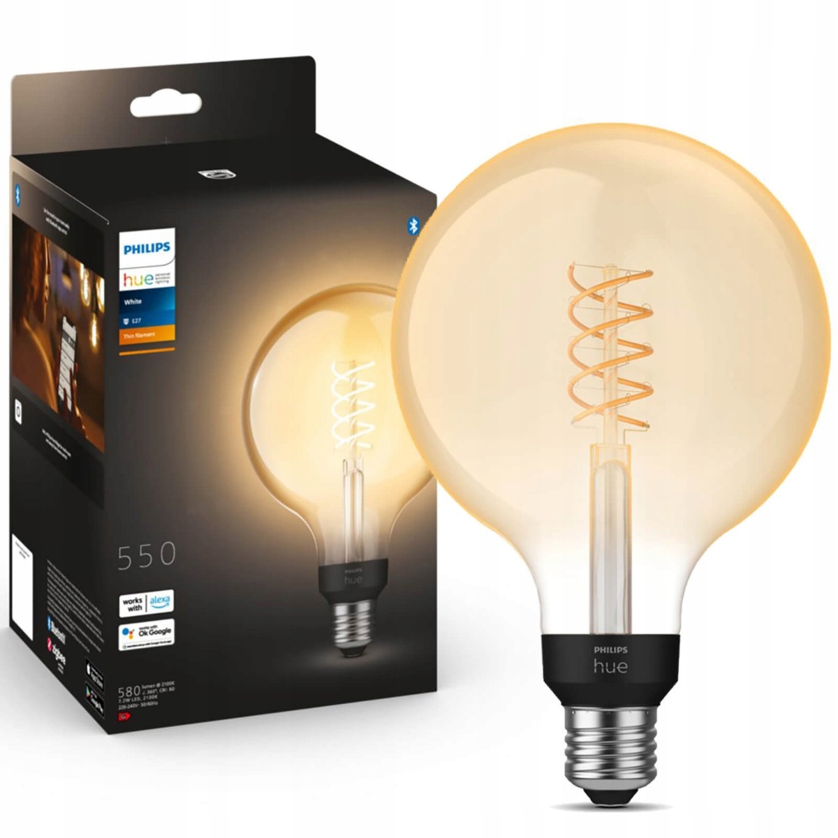 Led žárovka Globe E27 G125 7W Filament Philips Hue White Bluetooth Zigbee