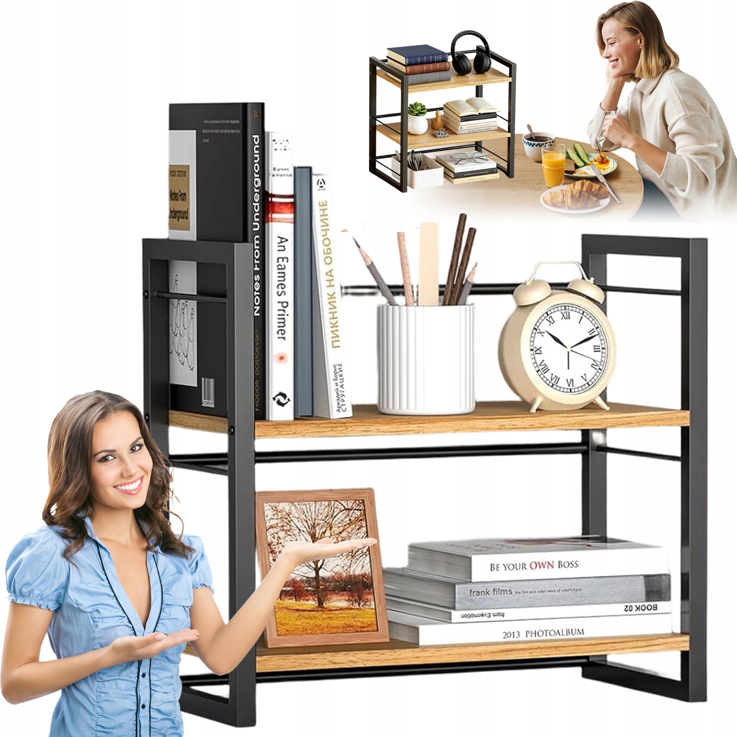 Multifunkční Kancelářský Regál 2-ÚROVŇOVÁ Kovová Police Na Knihy, Psací Stůl