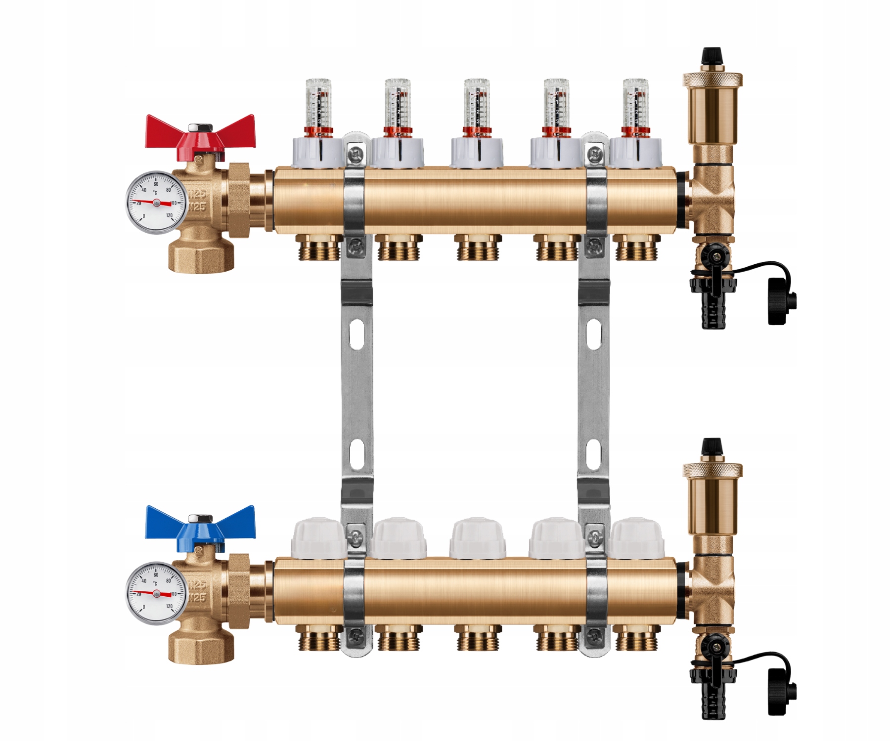 Rozdělovač Podlahy 5 Okruhů Úhlový Kulový Ventil Teploměr Pex
