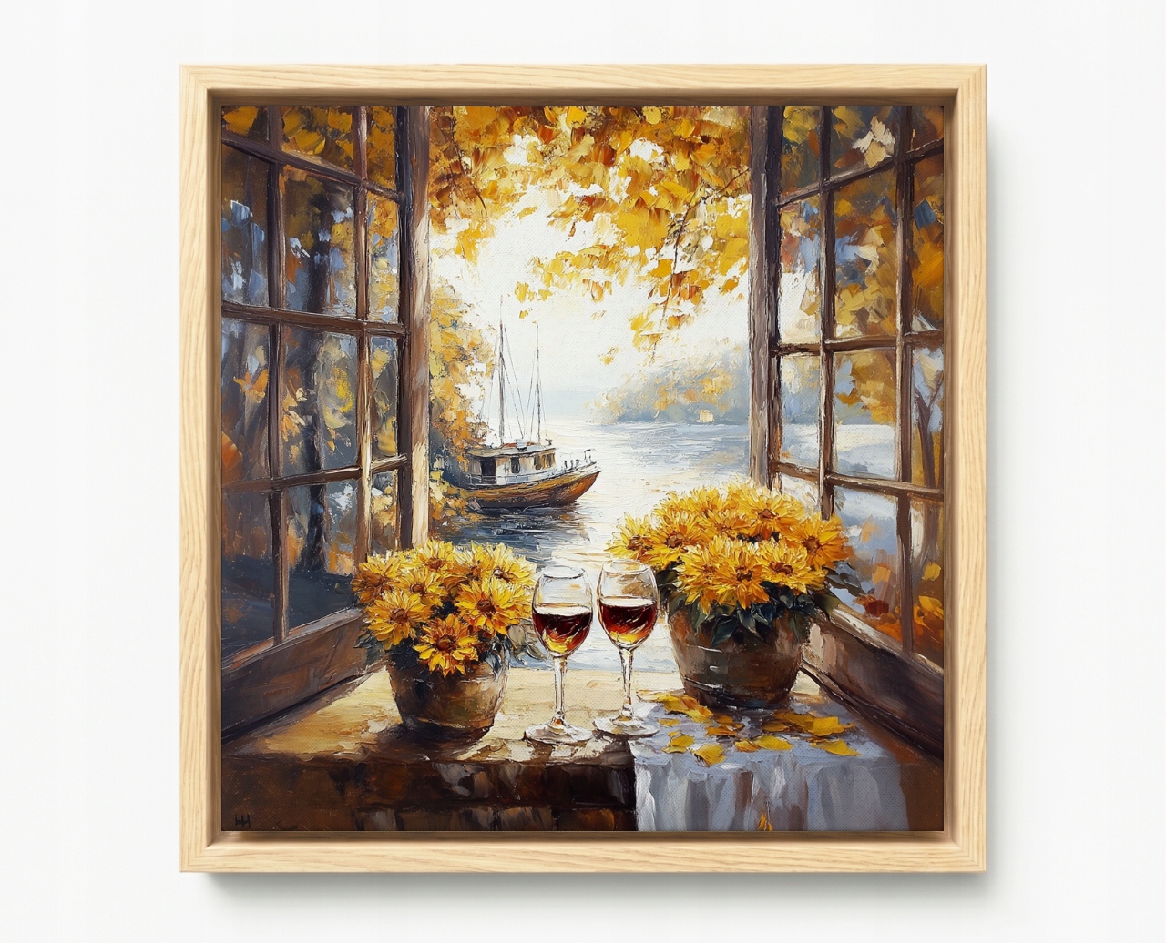 Obraz Rám Americký Box Okno Podzim Loď Víno Květiny Chryzantémy 40x40