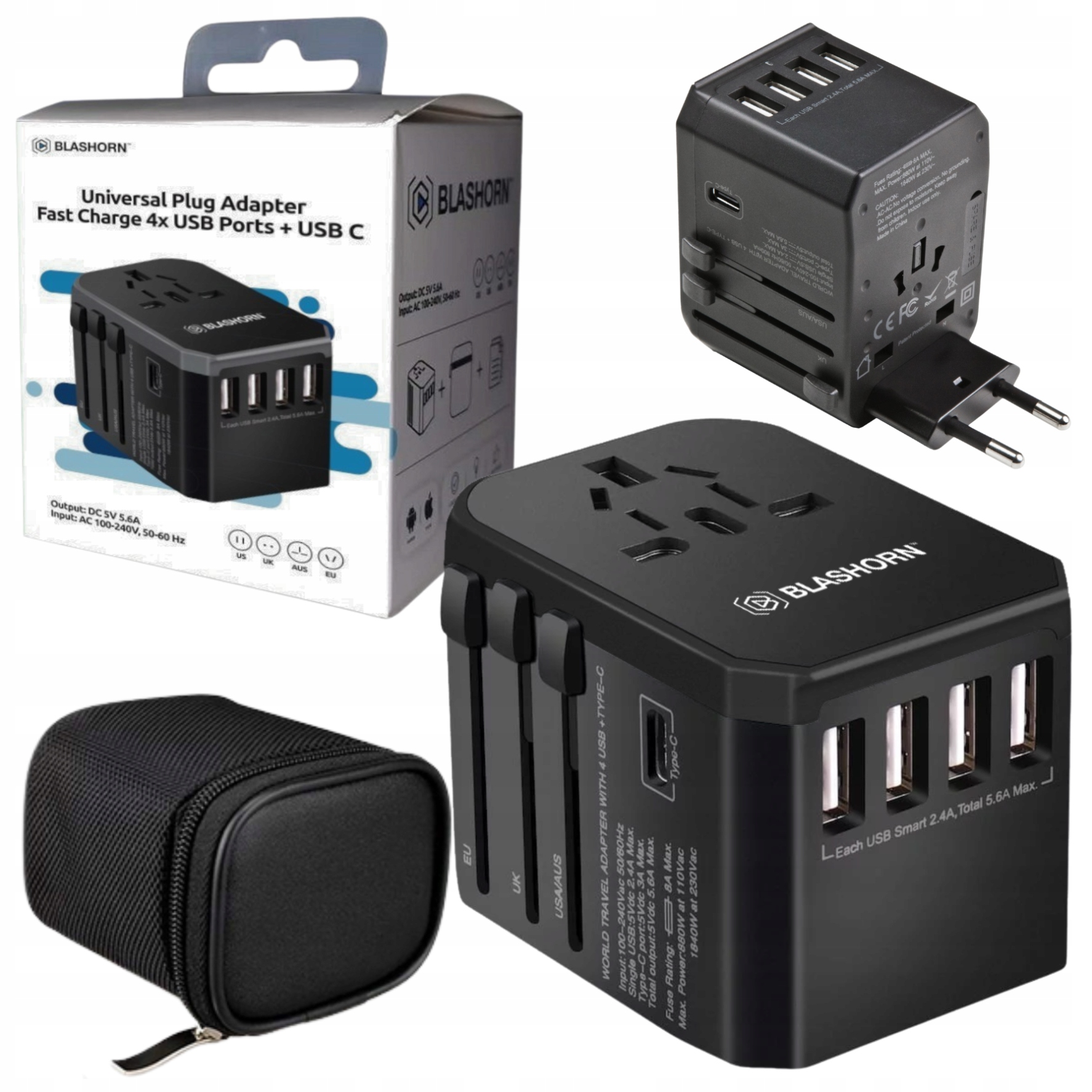 Síťová Nabíječka Napájecí Adaptér Zástrčka 4xUSB Usb-c Cestovní Dovolená V Zahraničí