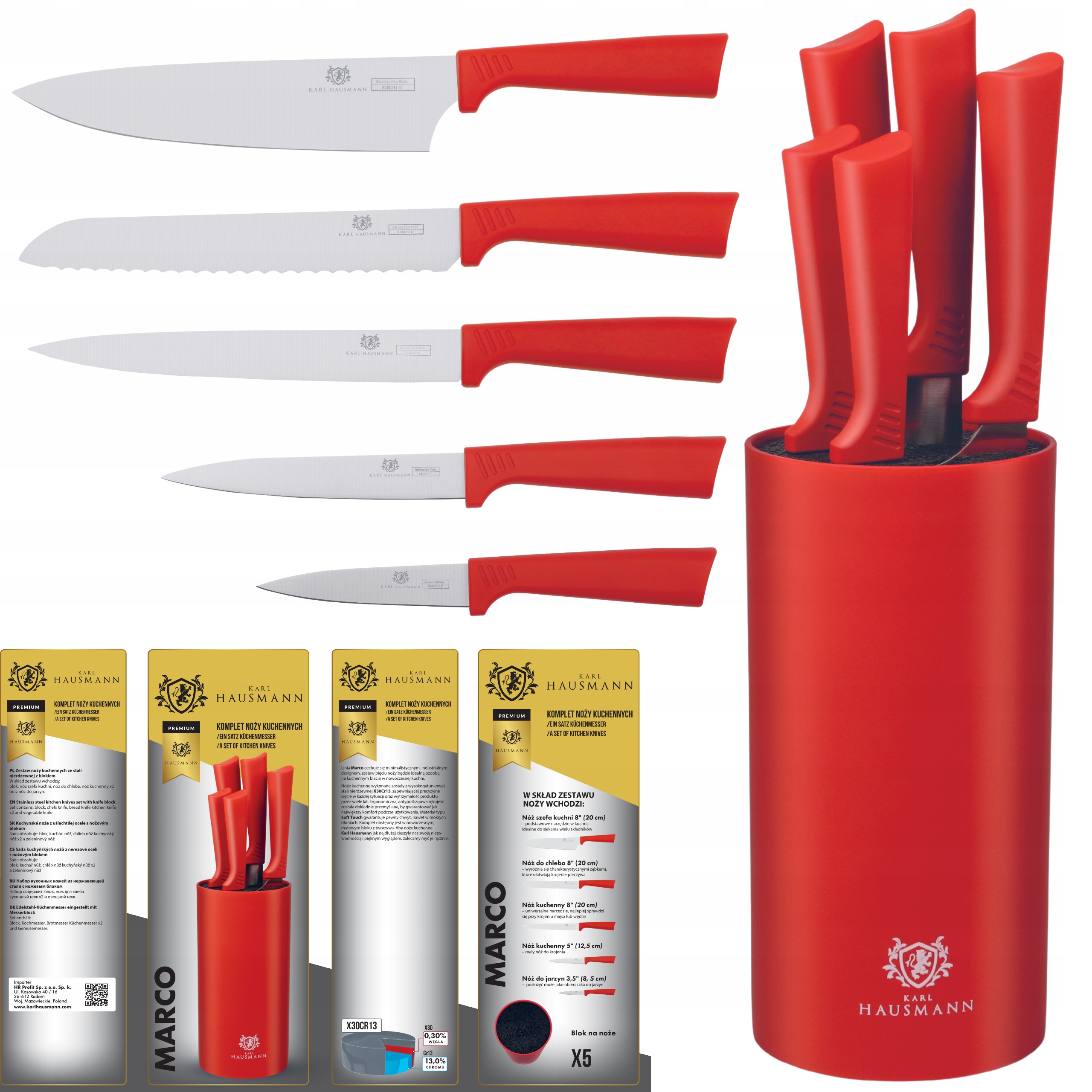 Sada kuchyňských nožů Nože Ostré 5 ks Stojan Blok na Nože Červený