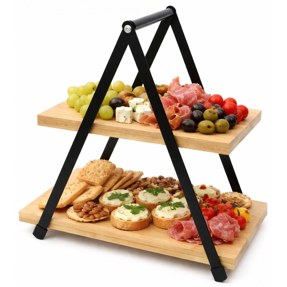 Podnos 2ÚROVŇOVÁ Dřevěná Pro Servírování Svačin 32 cm Hnědá Černá 30
