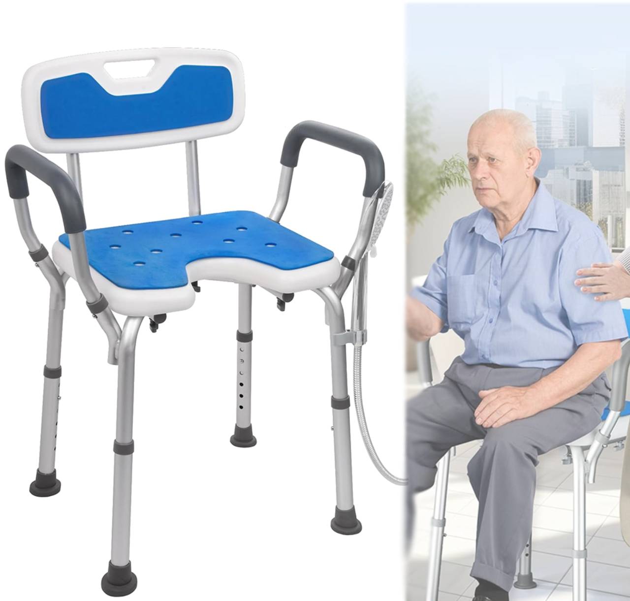 Krzesło Prysznicowe Dla Seniorów Z Podłokietnikami I Oparciem Udźwig 150KG