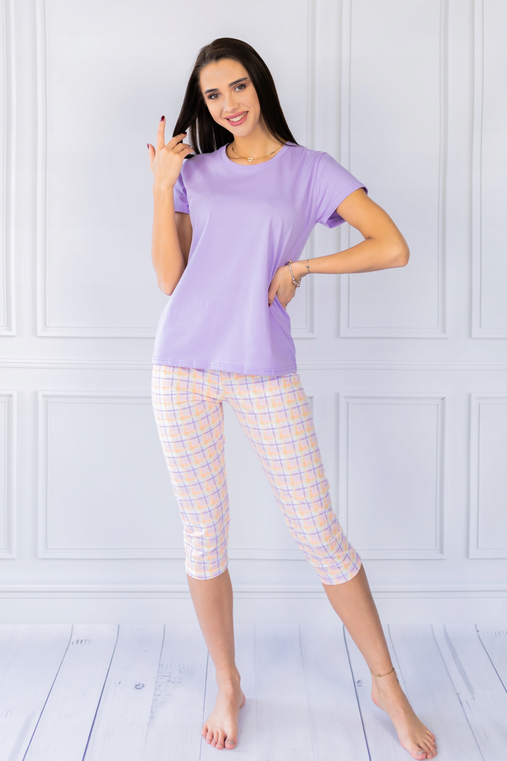 Dámské bavlněné pyžamo na léto 3/4 krátké s kostkovaným vzorem, velké 4XL