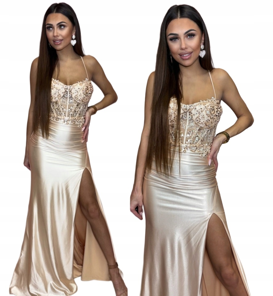 Sanja Zlatá dlouhá saténová šaty s rozparkem na svatební hostina ples M