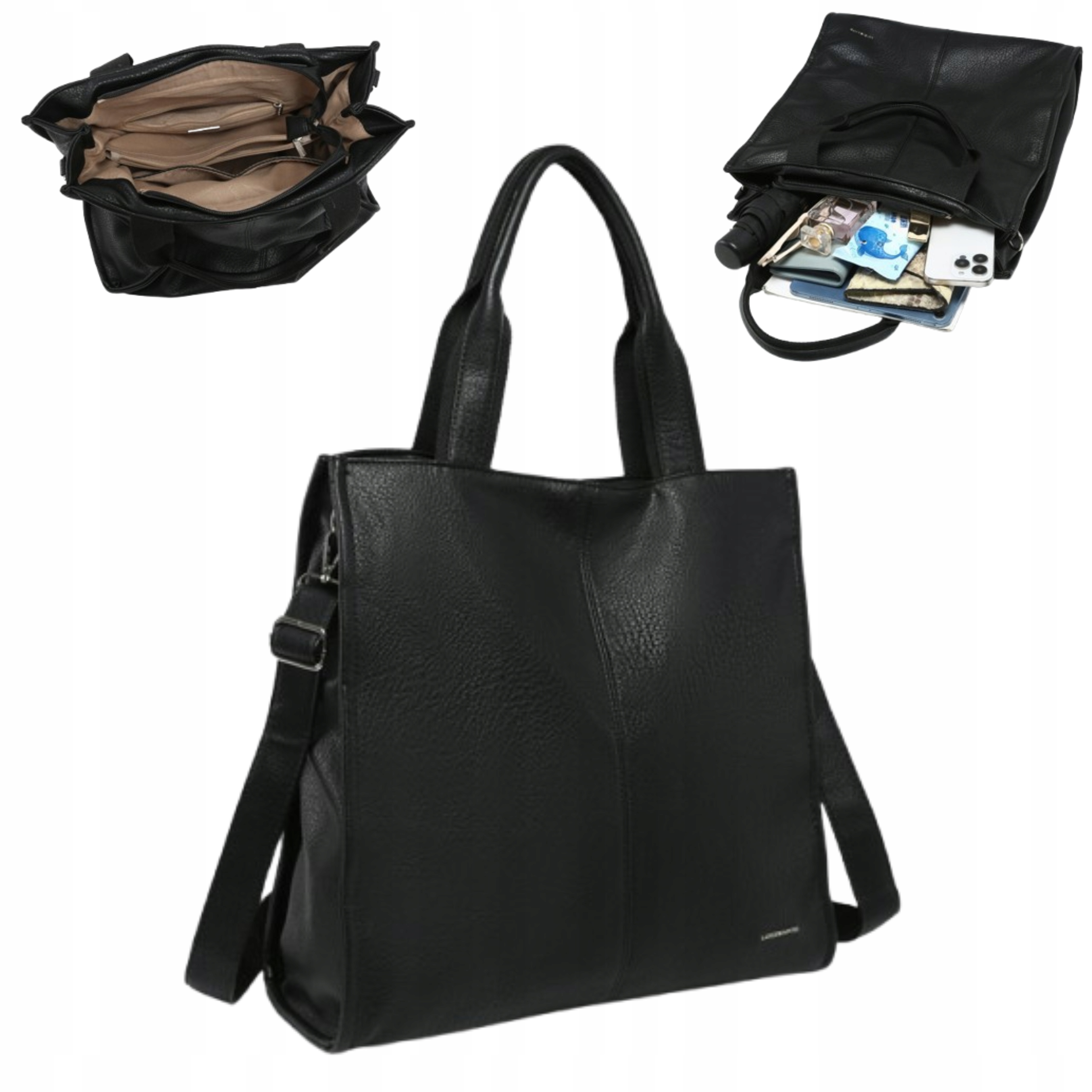 Luigisanto Torebka Damska Czarna Shopper Miejska Modna Na Ramię Na Rękę