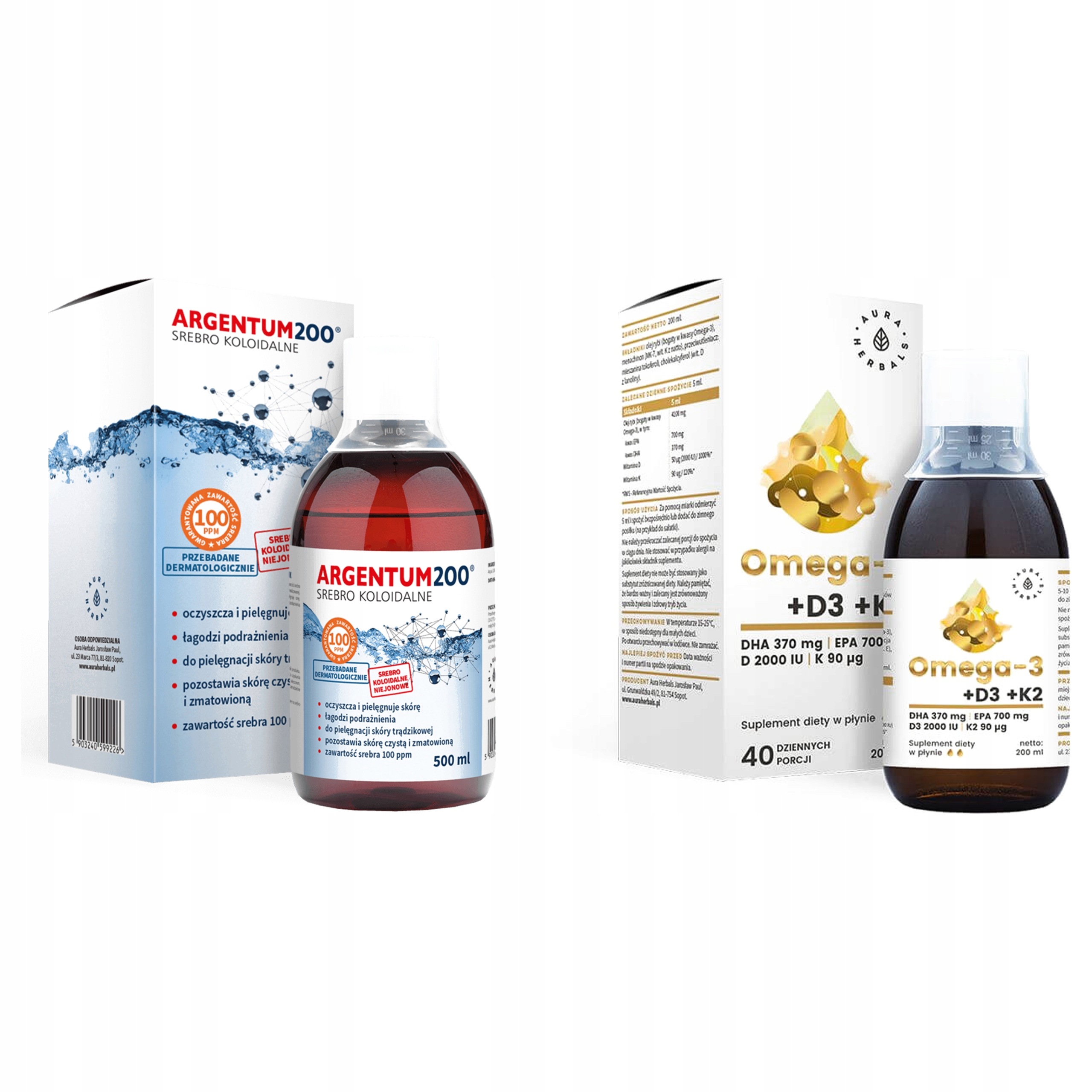 OMEGA-3 370 Dha D3 2000 Iu K2MK7 W Płynie Srebro Aura Herbals