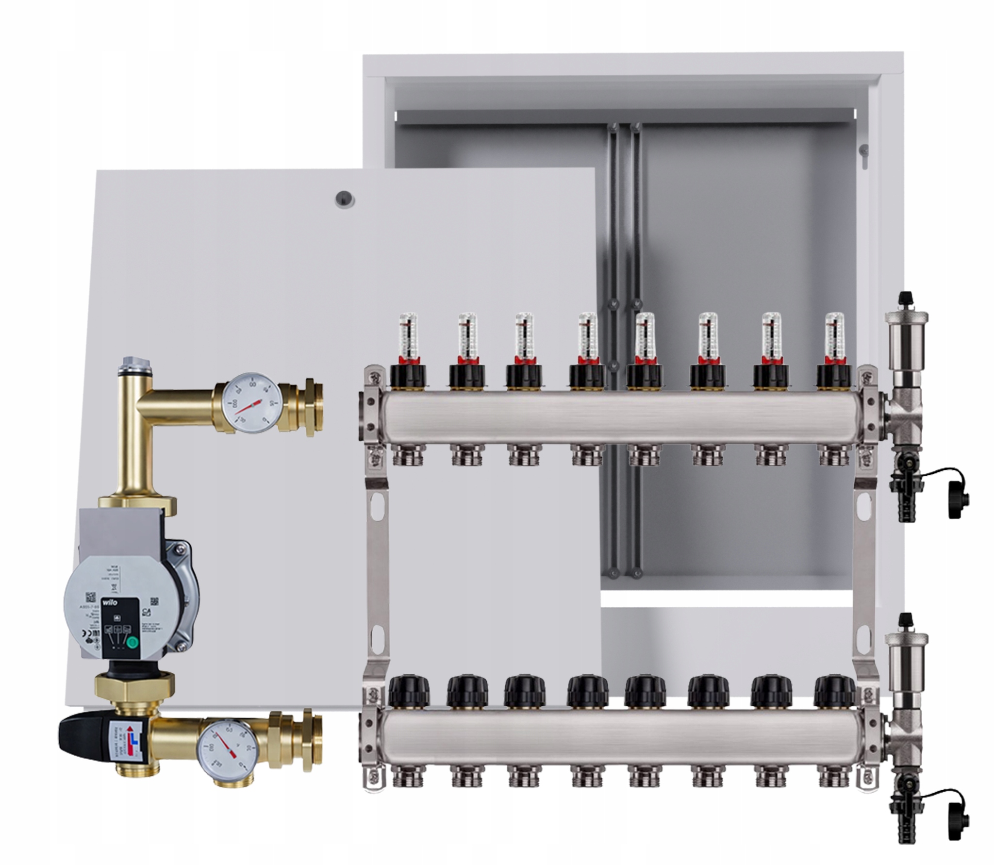 Nerezový rozdělovač pro podlahovku 8 s nástěnným boxem Pumpa Wilo