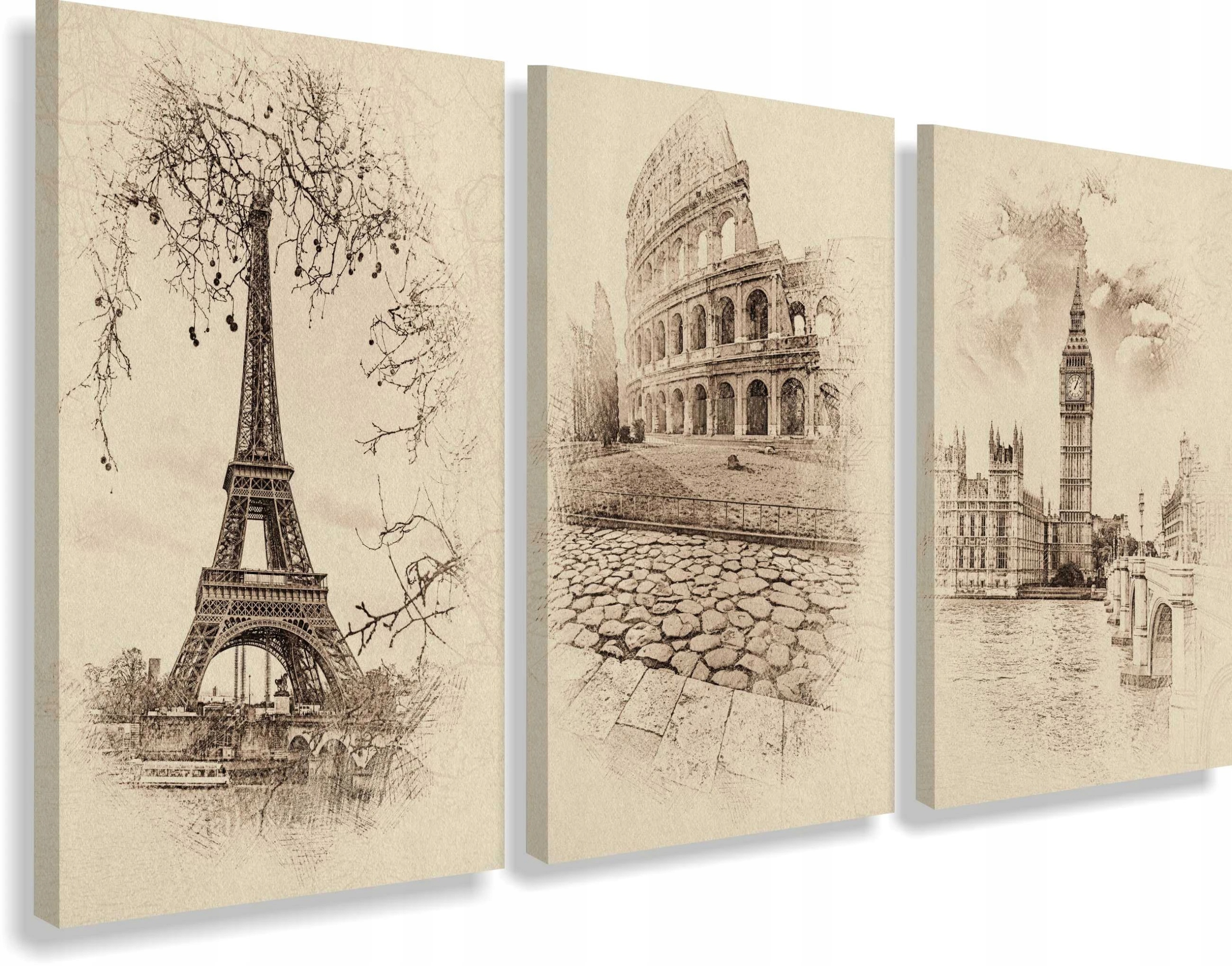 Tryptyk z Zabytkami Europy Obrazy do salonu Vintage Retro 60x120