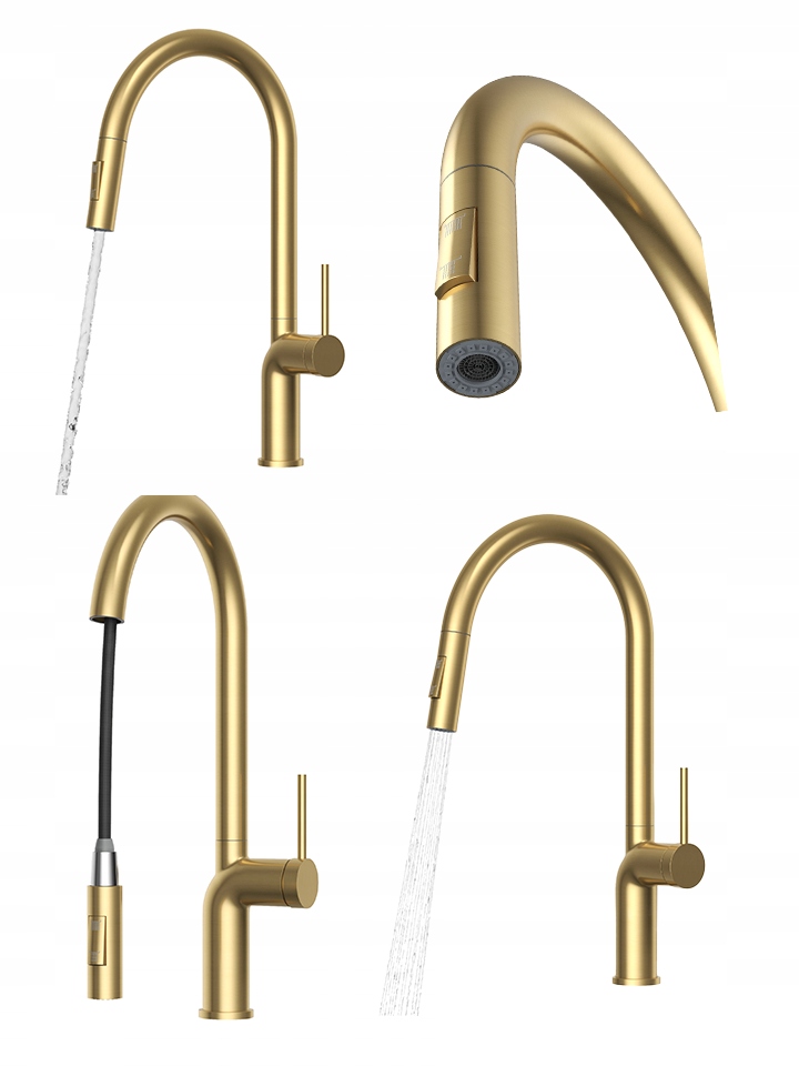 Kuchynská batéria Brush Gold s výsuvným výtokom do umývadla, stojanový kohútik Oxi