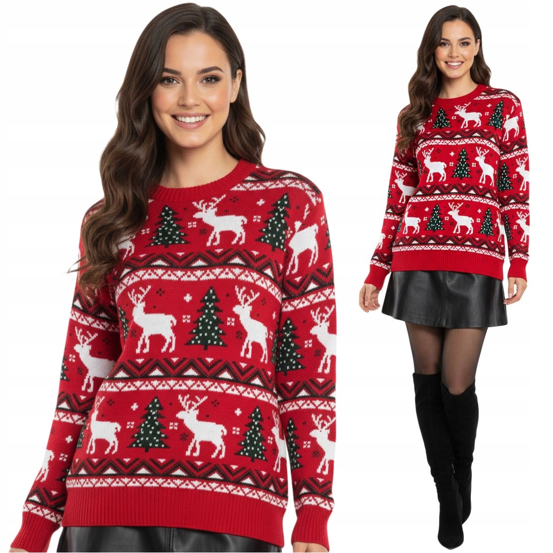 Dámský vánoční svetr červený se sobem, zimní Vánoce, velikost XL