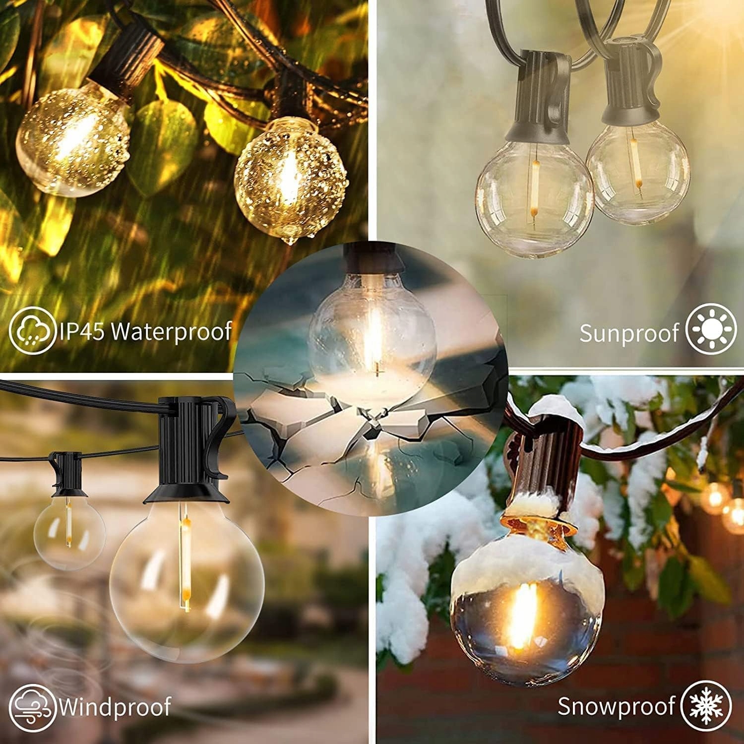 YUUCIO Lampki LED Zewnętrzne 60M 100+4 Żarówki Plastikowe IP44 2700K — miniatura 2