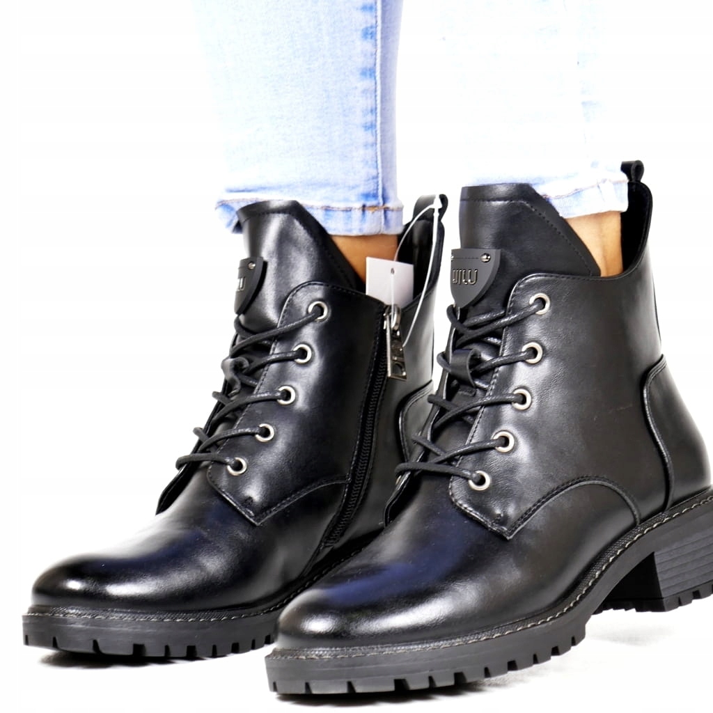 Černé Kotníkové Boty Boty Workery Dámské Podrážka Traper Šněrovací Zip 41