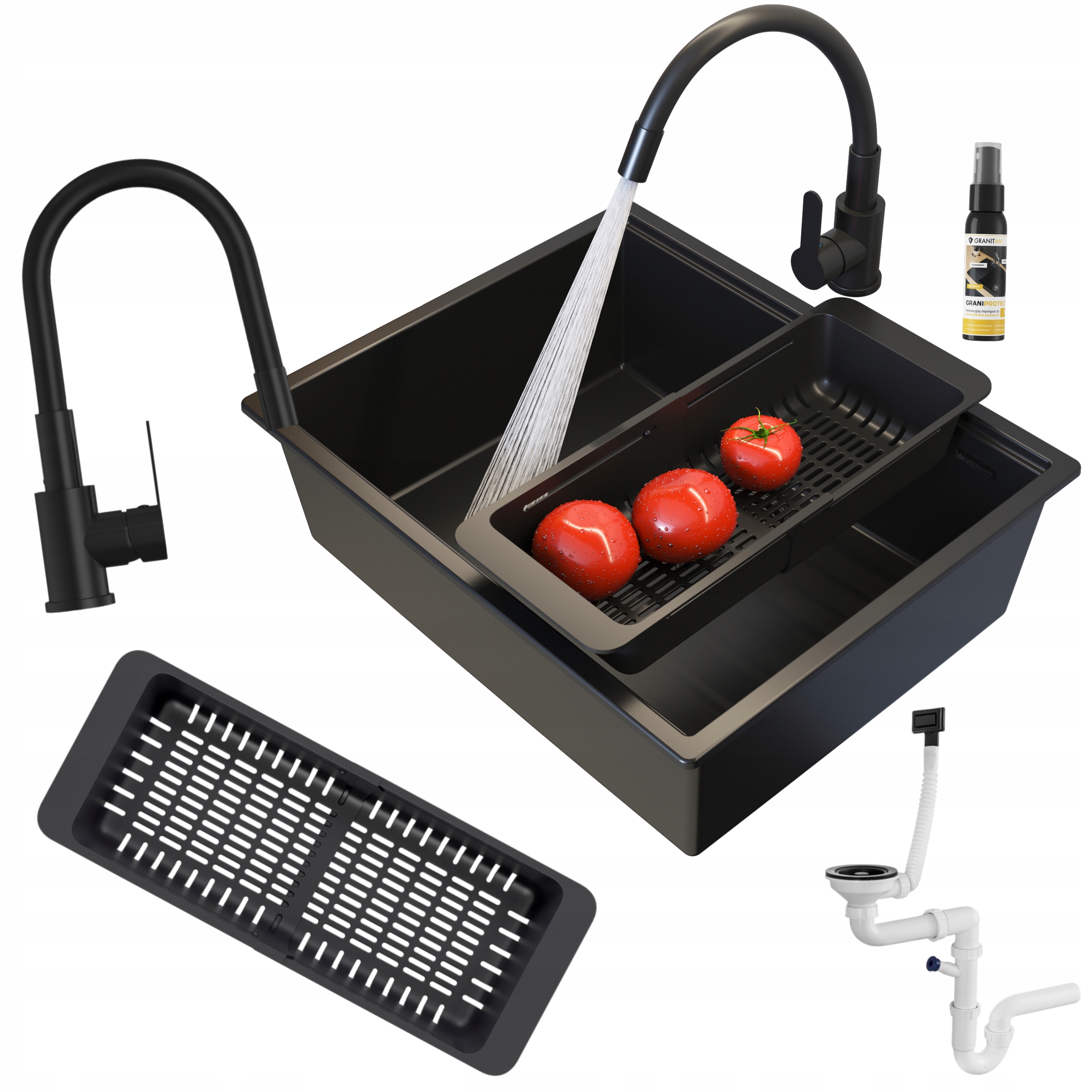 Jednokomorový granitový drez Sinko, sada batérií, sifón