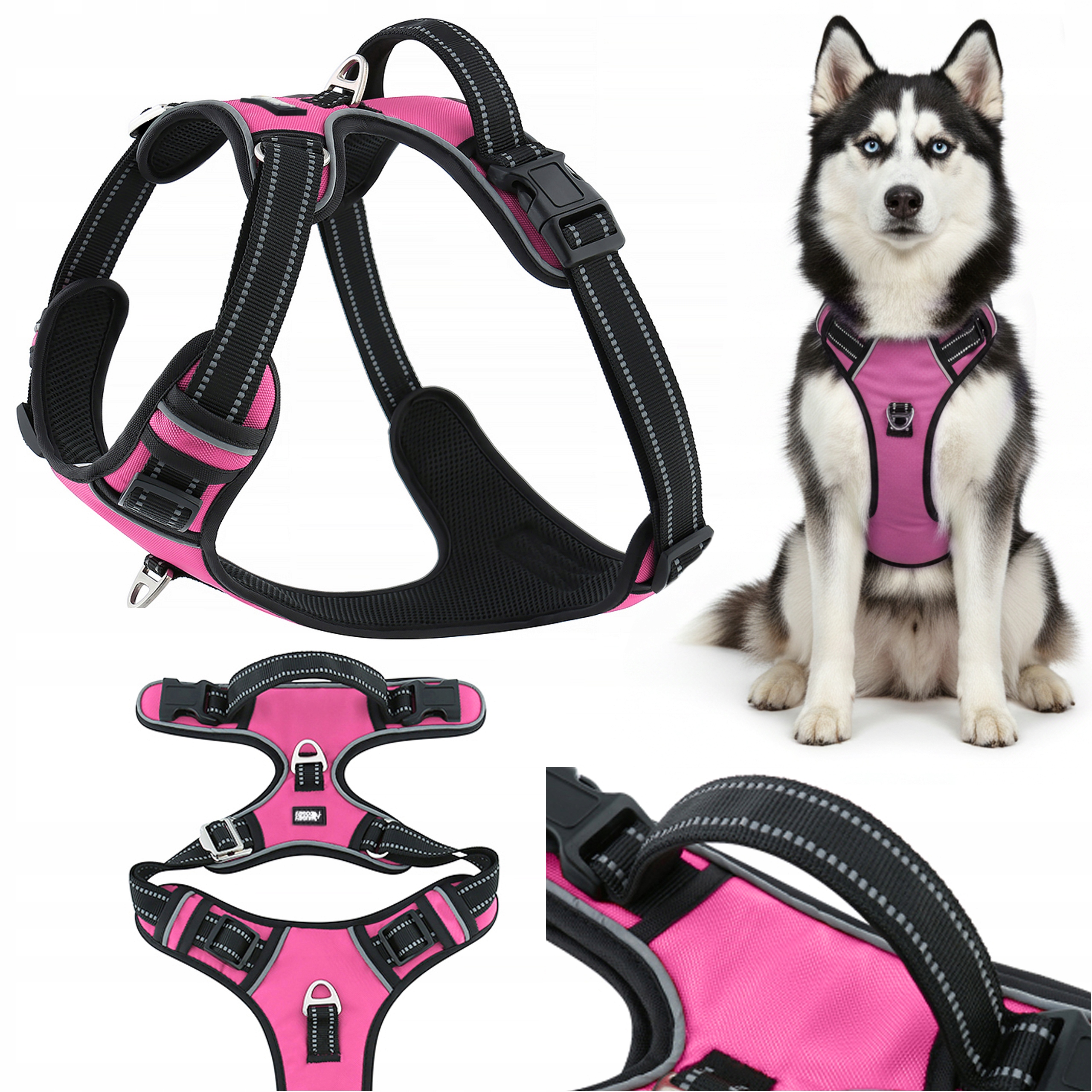 Szelki solidne dla psa typu guard bezuciskowe mocne Huggy Doggy różowe L