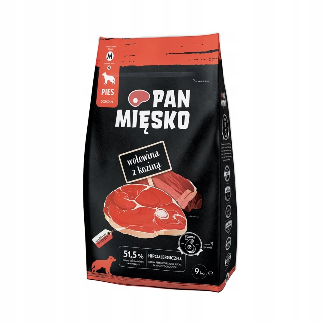 Levně Pan Mięsko hovězí maso, kozí maso, suchá zelenina krmivo pro psa M 9 kg