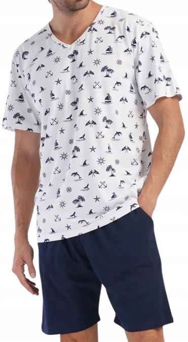 Námořní Pyžamo Plachetnice Palmy Moře Kormidlo Tmavě Modré Šortky XL