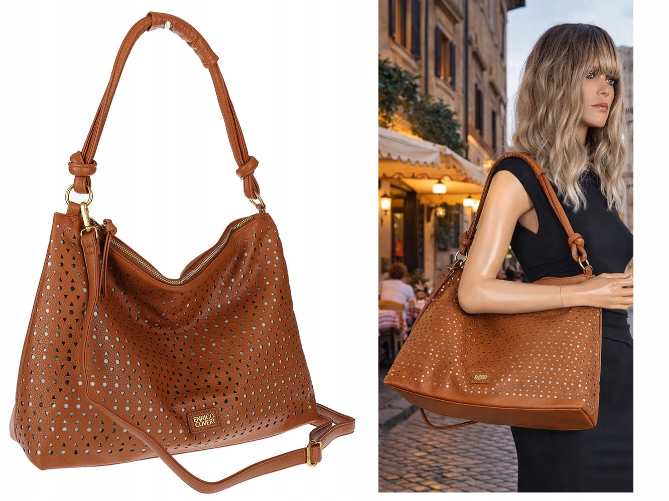 Dámská kabelka shopper prostorná přes rameno ažurová taška EC6272 Hnědá