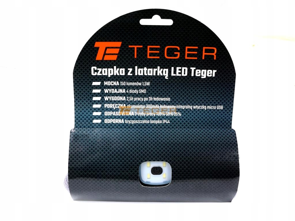 Latarka czołówka w czapce LED COB ład USB Teger Marka Teger