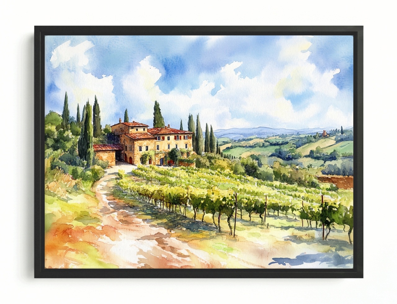 Obraz Rám Americký Box Krajina Toskánsko Vila Vinice Léto Itálie 100x75