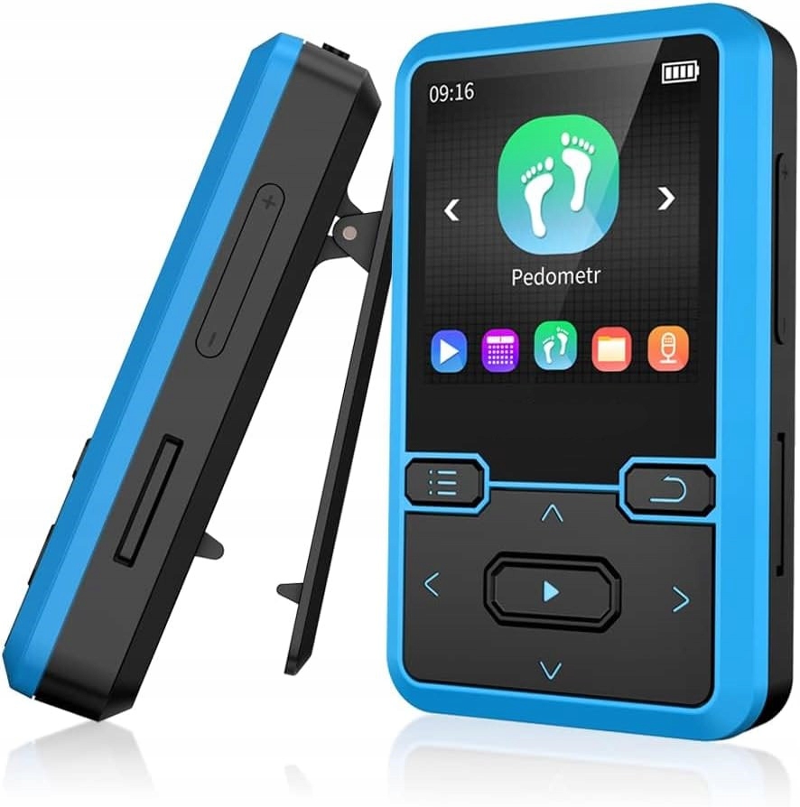 Přenosný Bluetooth MP3 přehrávač s rádiovým krokoměrem pro cvičení, modrý