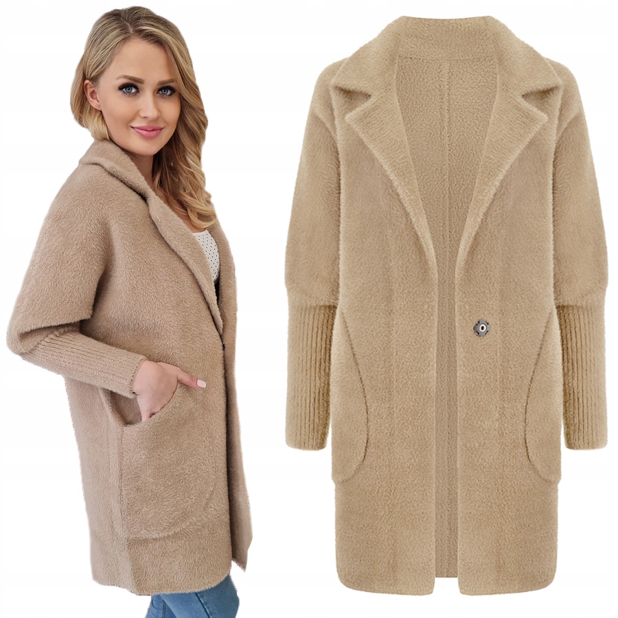 Alpaka Ciepły Płaszcz Narzutka Wełna Jasny Camel