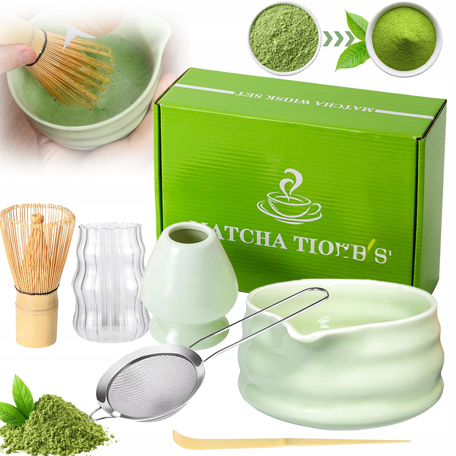 Zestaw Prezentowy Do Herbaty Matcha Czarka Miotełka Podstawka Łyżeczka
