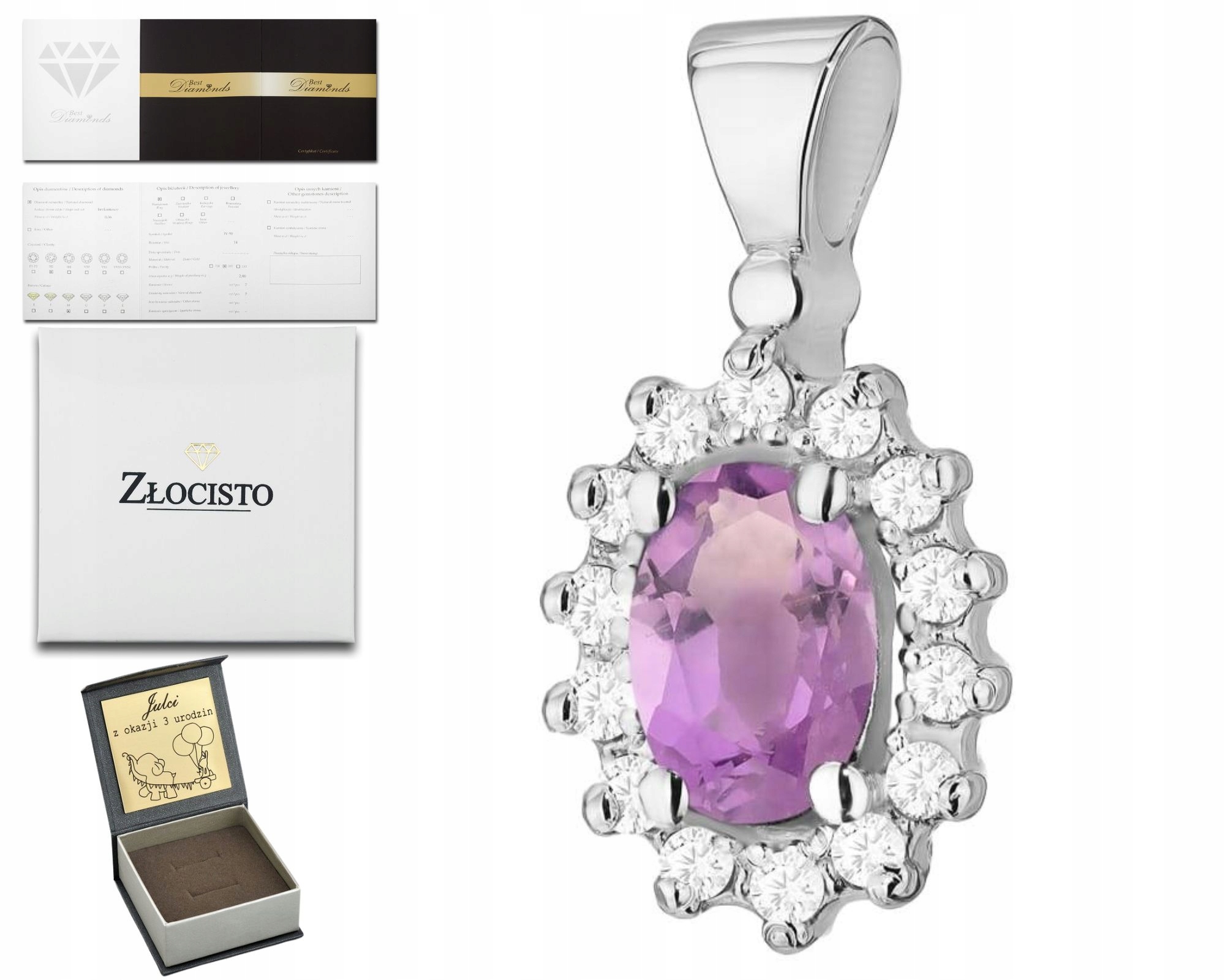 Bílé Zlato Přívěsek S Briliantem A Ametystem 585 Dárek