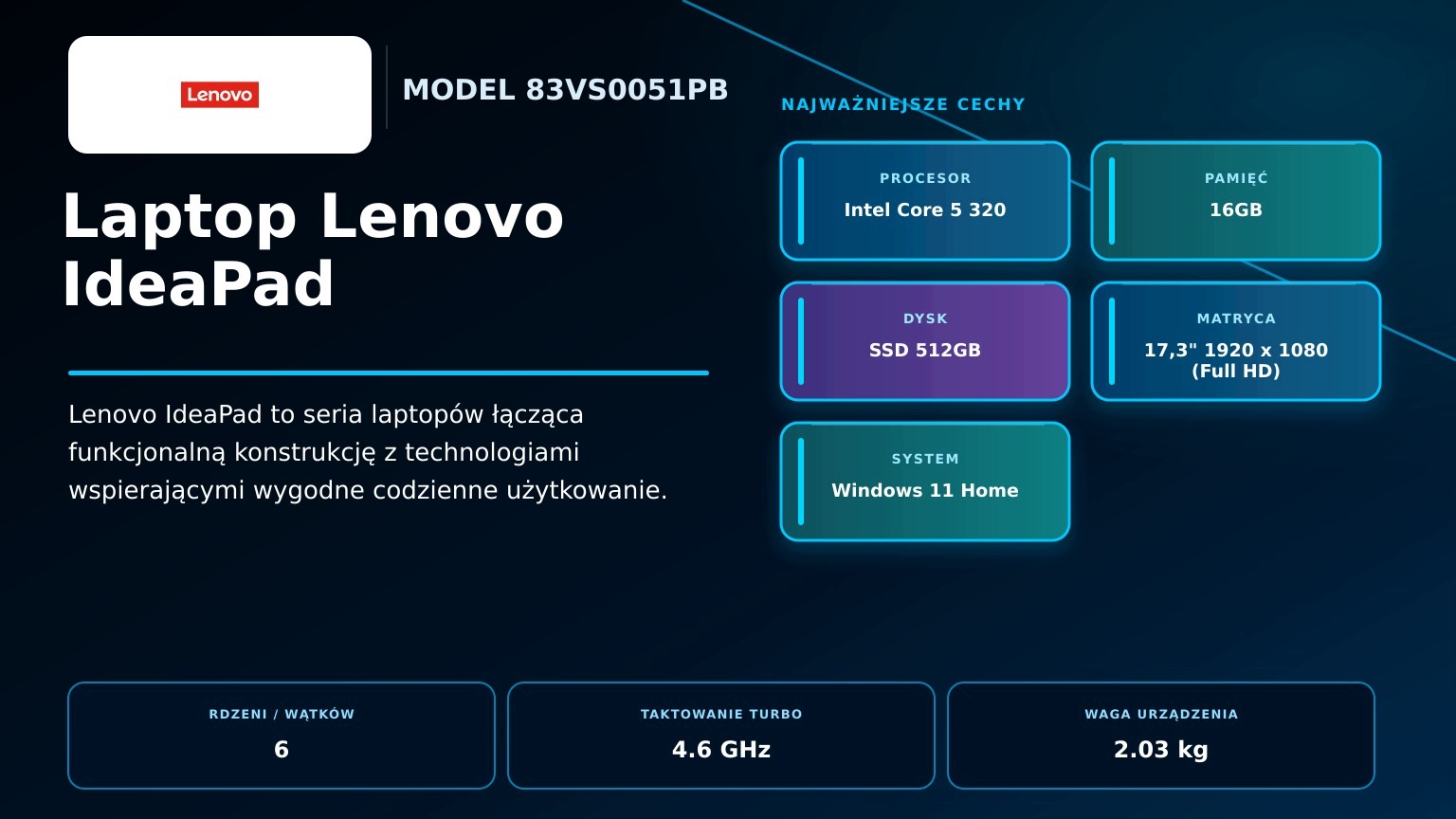 Notebook Lenovo IdeaPad Intel Core 5 320 16GB 512GB 17,3" Windows 11 Home