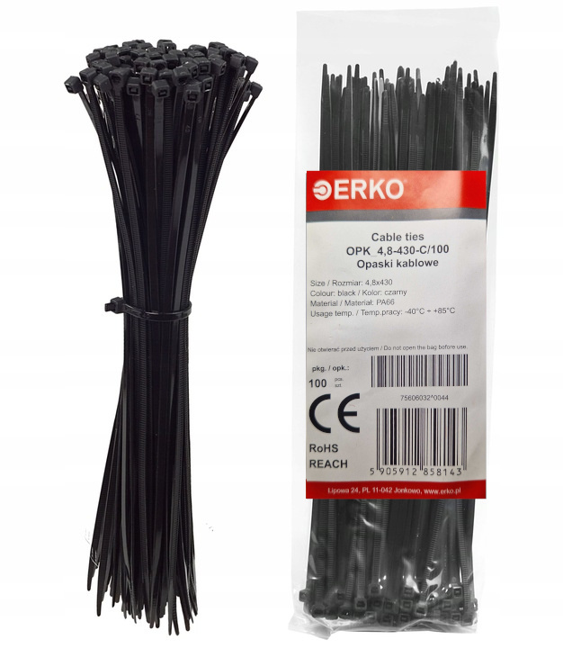 Opaski Kablowe Zaciskowe Czarne Trytki Trytytki 4,8x430 Erko 100 Sztuk