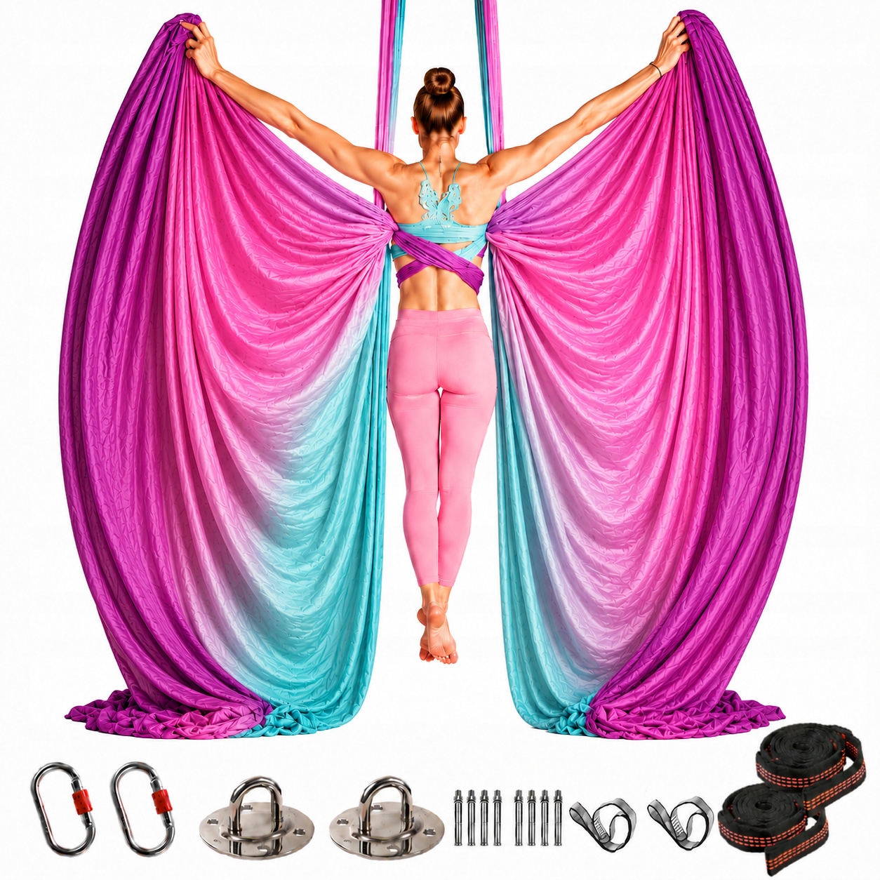 Hamak Aerial Joga Chusta Sensoryczna Szarfa 280x500 Ombre Fiolet Róż Turkus