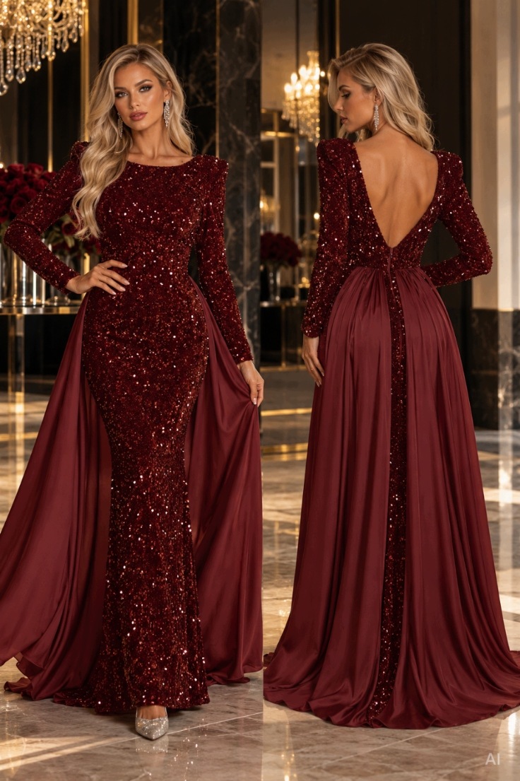 Šaty S Flitry, Maxi Délka, Vhodné Na Svatební Hostina, Glamour Styl, Červené, Velikost L