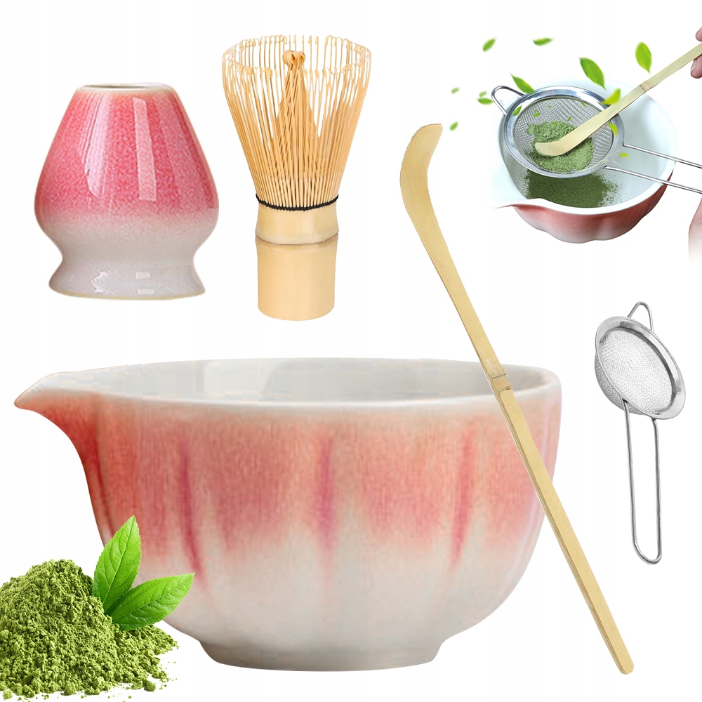 Levně Bambusová Matcha Sada S Ručně Vázanou Metlou, Růžovo-bílý Gradient