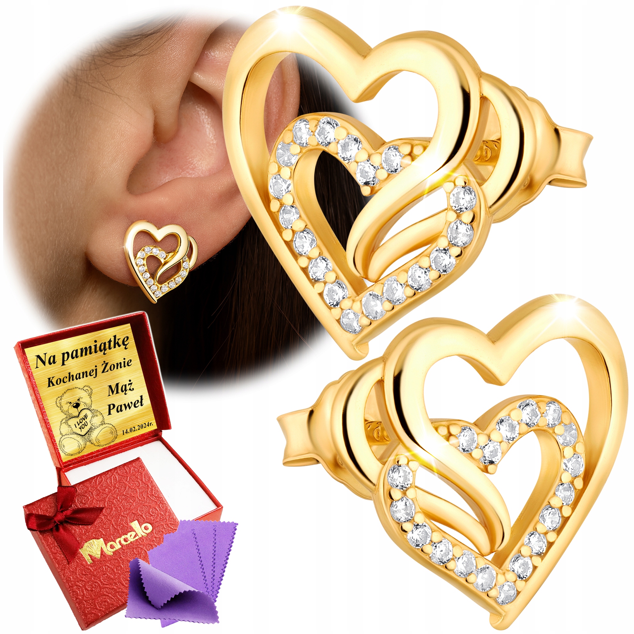 Złote Kolczyki Damskie Serduszka Cyrkonie Dla Kobiety 925 Grawer