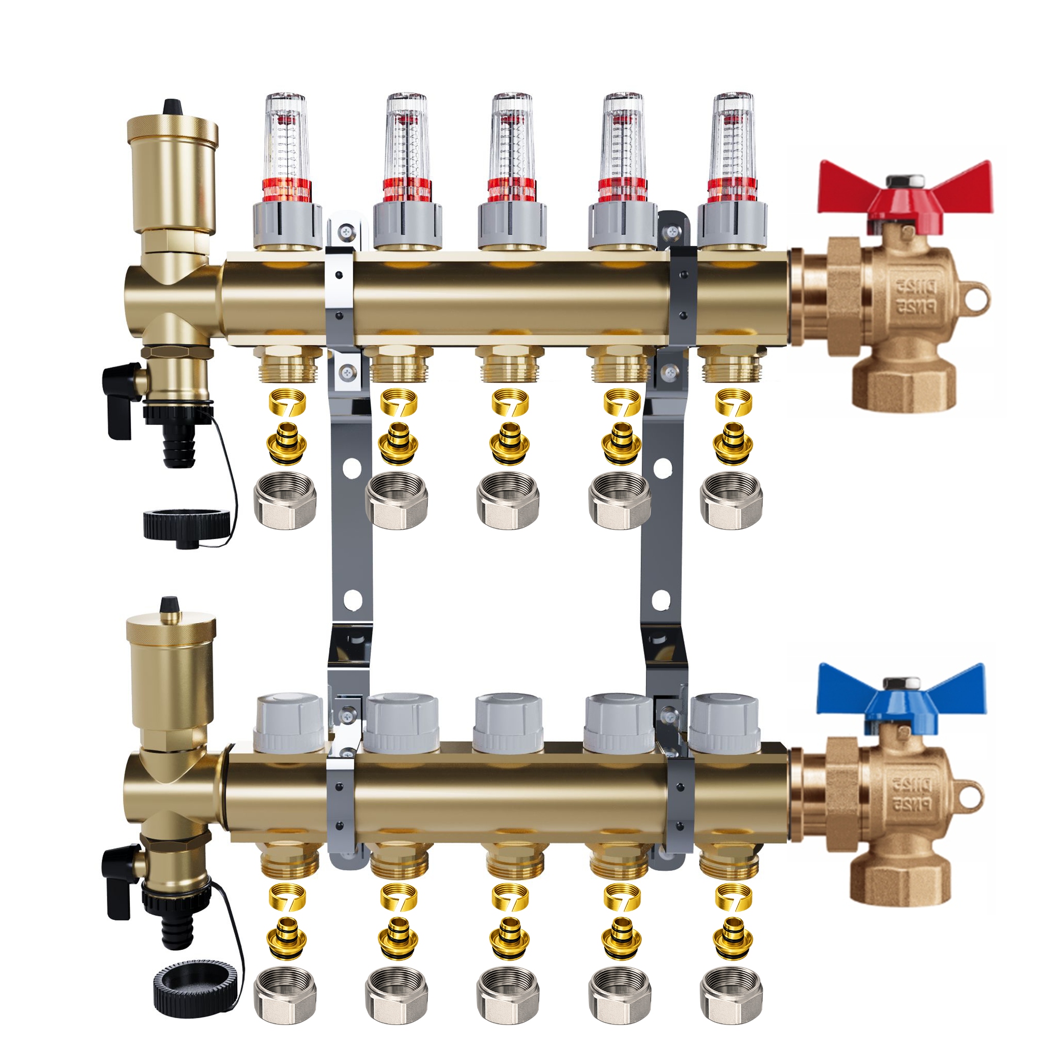 Mosazný rozdělovač 5 okruhů Podlahové topení Kulové ventily Pex