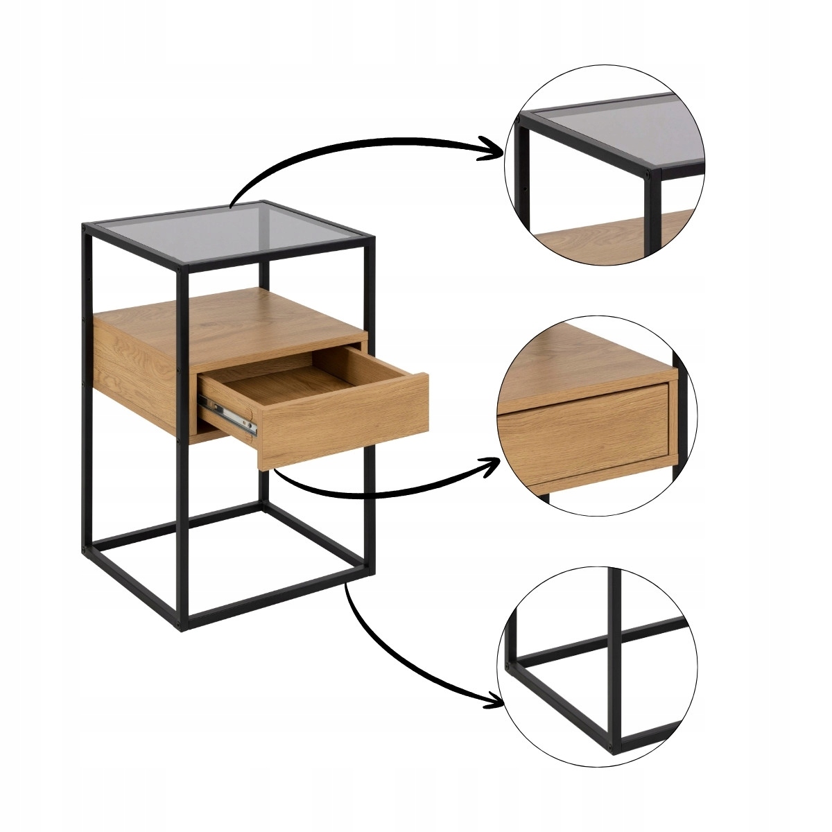 Moderný pomocný nočný stolík s zásuvkou, 2 police, čierne nohy Randolf