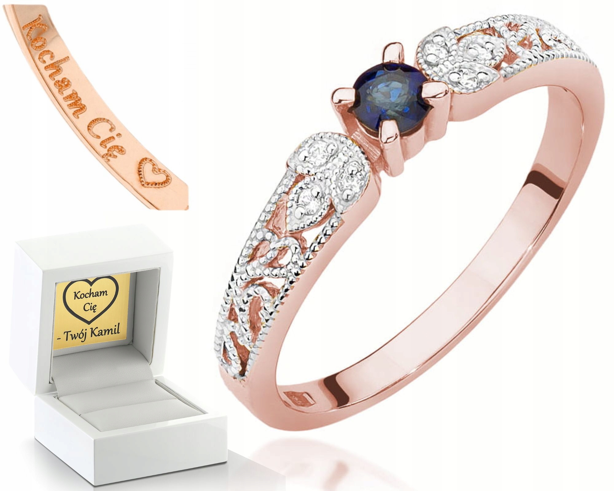 Prstýnek Z Růžového Zlata S Safírem Gravírování 585