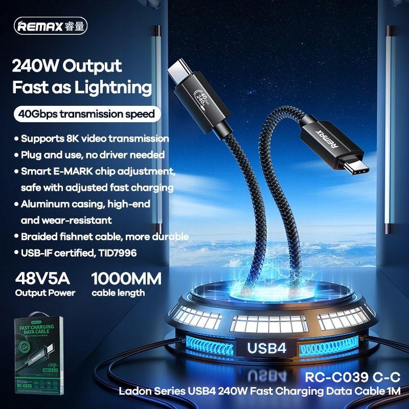 Kabel Remax Ladon Series 240W RC-C039 Usb 4.0 Usb-c/usb-c 1M Černý