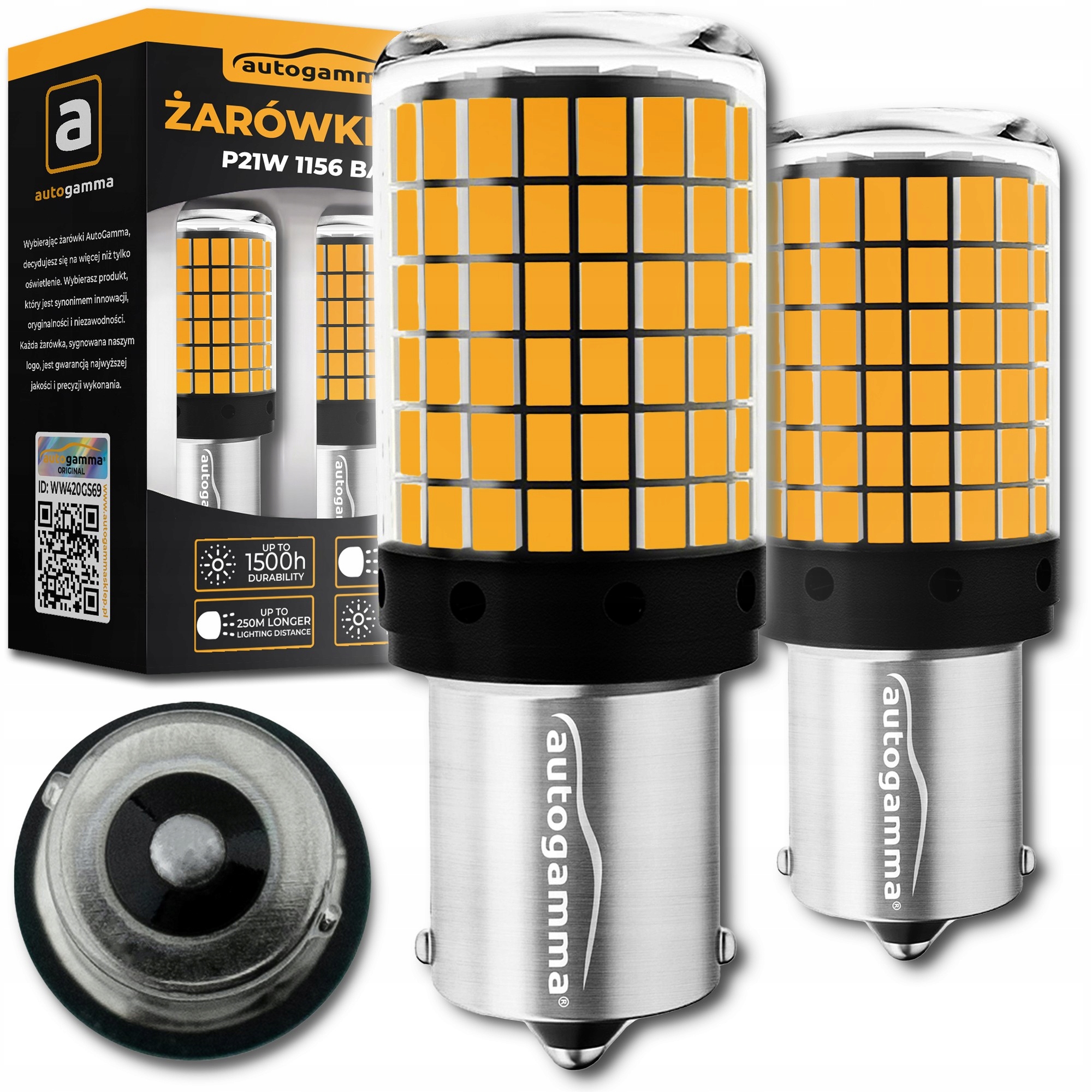 Żarówki Led P21W BA15S 1156 Canbus Pomarańczowe Mocne 144SMD Kierunkowskaz