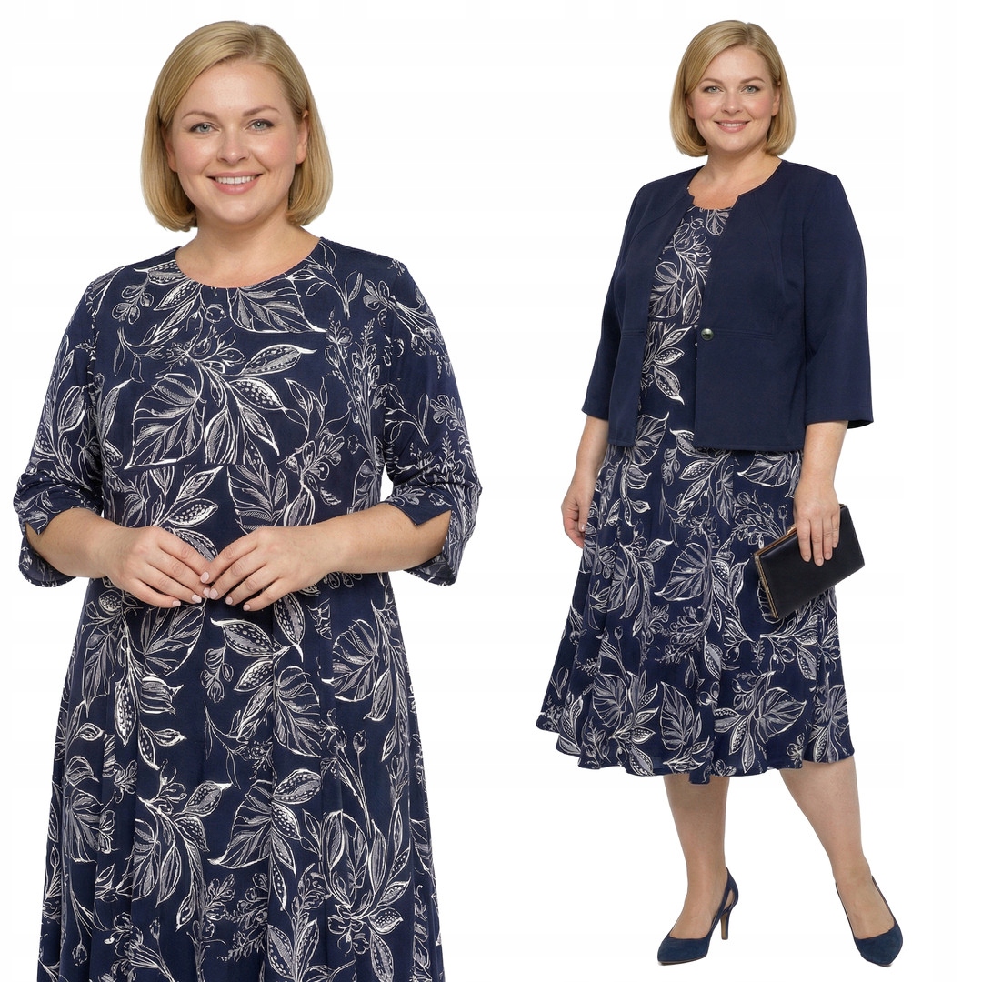Tmavě modrá šaty s bílými listy plus size velikost 48/50