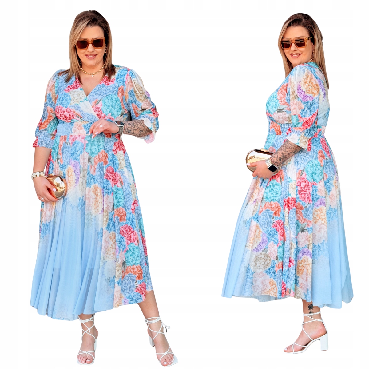 Sukienka Maxi Kwiaty Duże Rozmiary Midi Plus Size Damska Cavaricci Błękitna