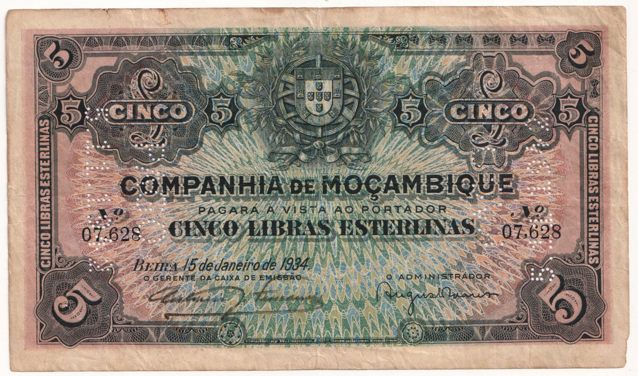 5.db.Mozambik, 5 Libras 1934 rzadki, P.R32, St.3+