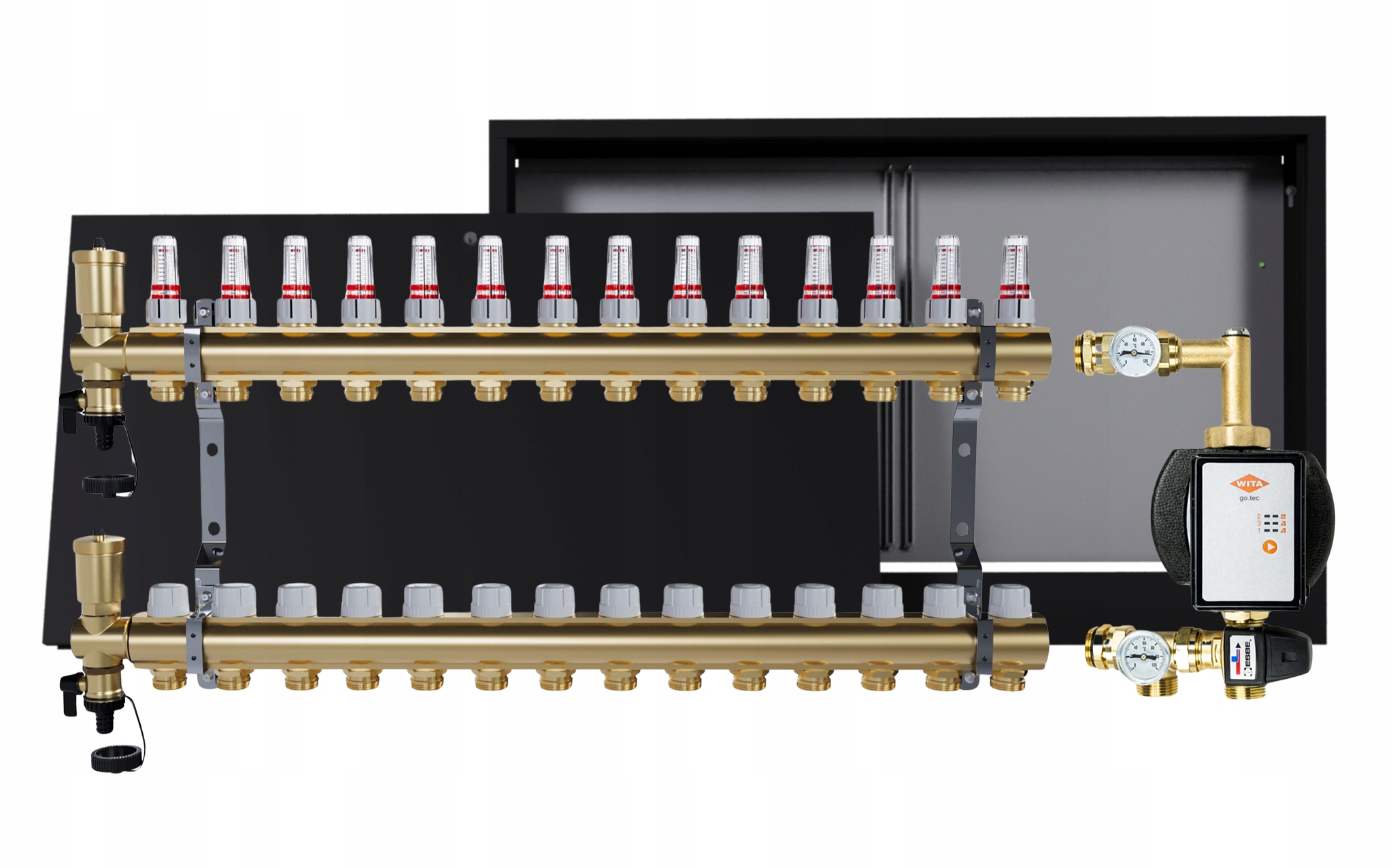 Rozdělovač pro podlahu 14 okruhů s čerpací skupinou Wita nástěnná skříňka