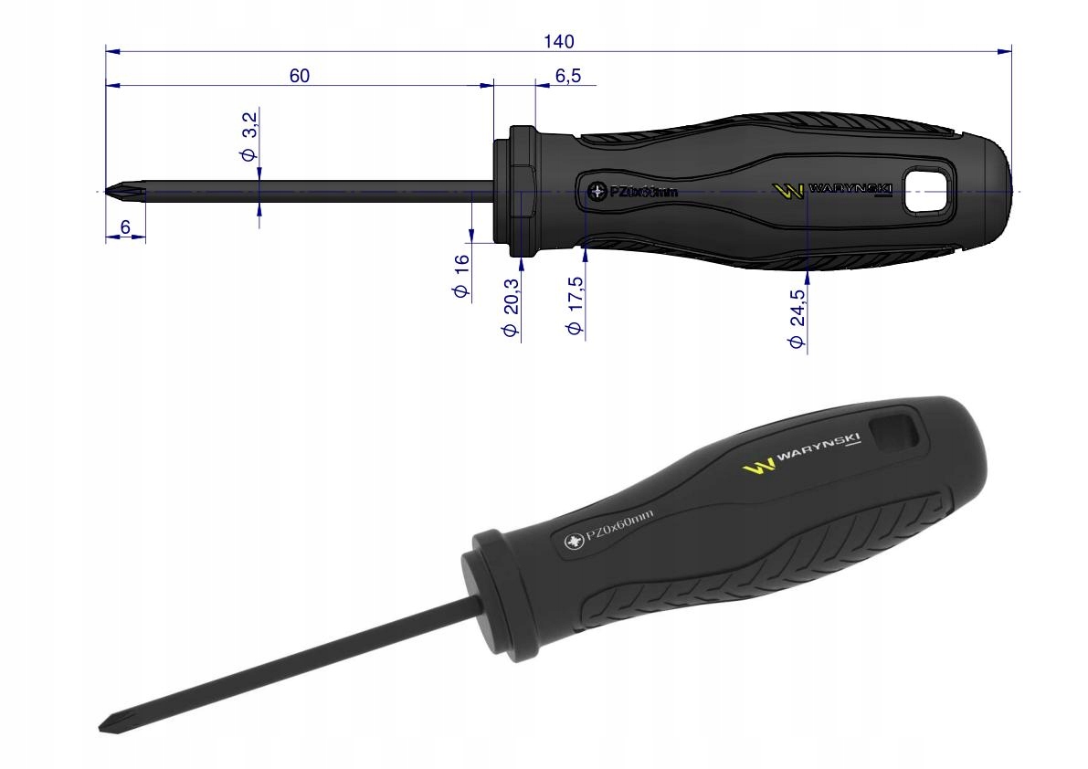 Wkrętak śrubokręt PZ0 60 mm stal Waryński Kod producenta WMW018