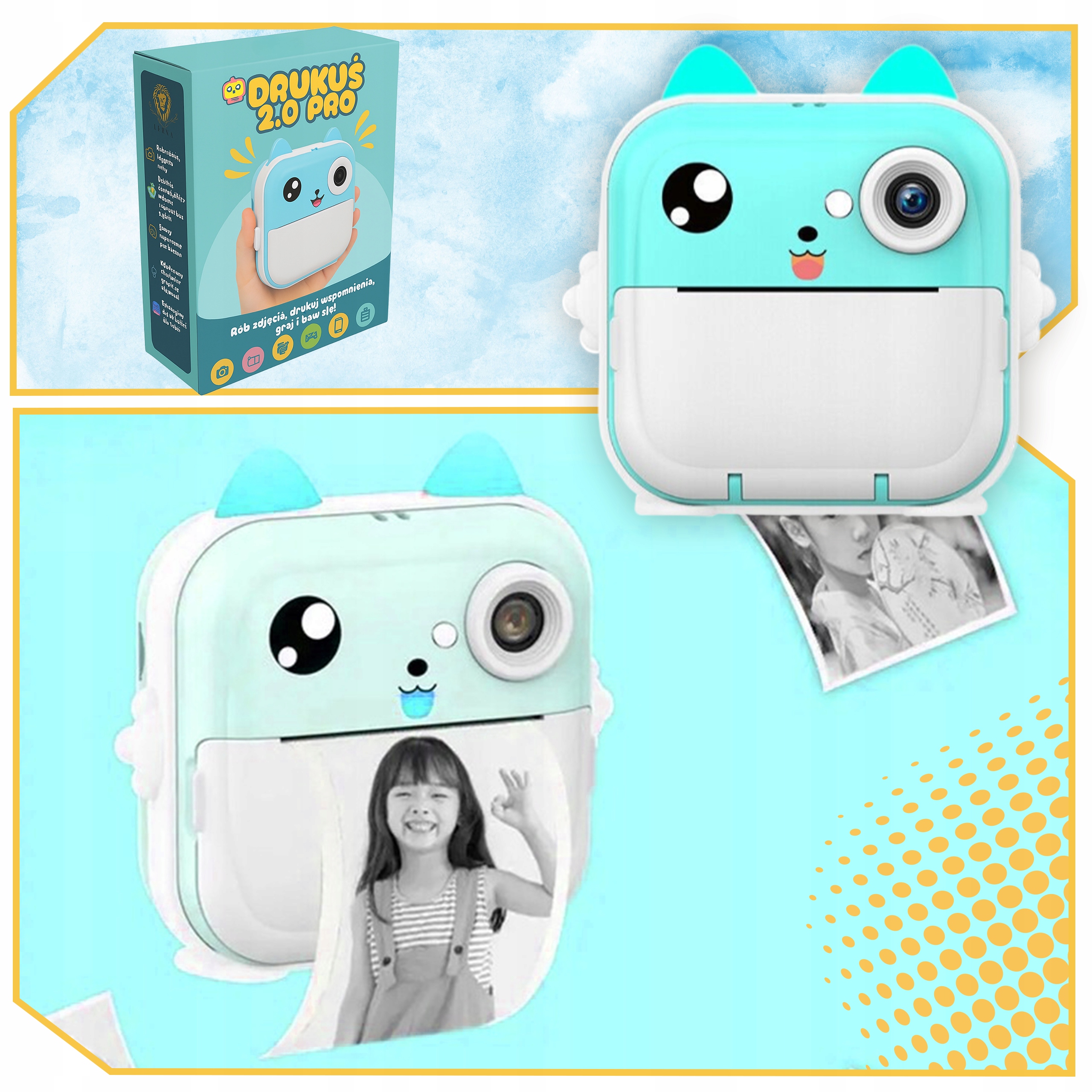 MINI DRUKARKA DRUKUŚ APARAT FOTOGRAFICZNY NATYCHMIASTOWY TERMICZNA + ROLKI Komunikacja Bluetooth