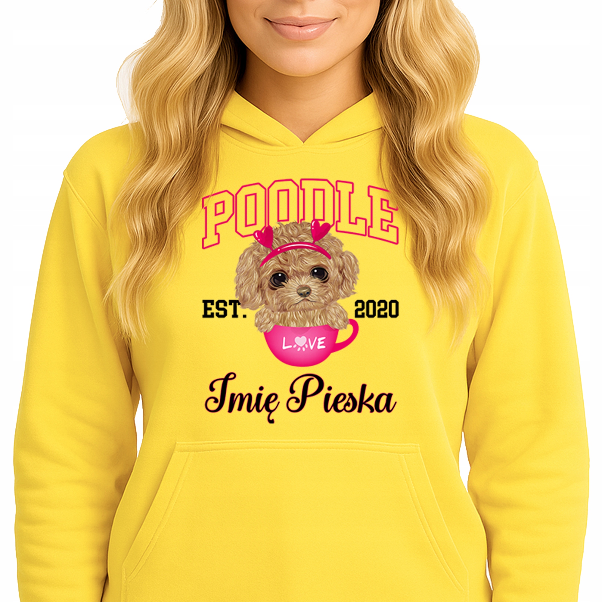 Mikina S Kapucí Žlutá Bavlněná Mikina Módní Poodle Jméno Pejska Vel S