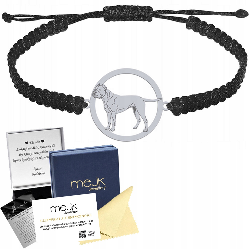 Stříbrný náramek s argentinským psem 925 Makramé Šperky Gravírování Bonus